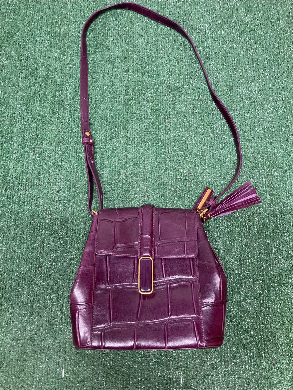 Brahmin Purple Croc-Embossed Leather Crossbody Bag with Tassel (OKPM-10-012)